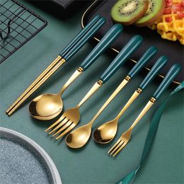 Dinnerware Sets Green Spoon Fork Chopstick Tableware Steak Knife 304 Stainless Steel Dessert Cake Forks Spoons Kitchen Accessories