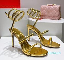 Gold Designers Sandals rene caovilla Stiletto heels womens Designer shoes Crystal Rhinestone twining