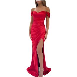 JEHETH Off Shoulder Mermaid Prom Dresses Long Satin Evening Gown Guest with Slit for Women