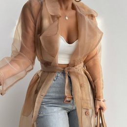Jackets 2022 fashion woman see through outdoor top lacing spring mesh transparent long sleeve buttoning coat with belt elegant shirts