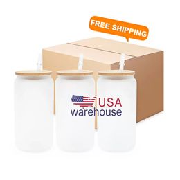 Stock US 16oz Sublimation Glass Beer Mugs with Bamboo Lid Straw DIY Blanks Frosted Clear Can Shaped Tumblers Cups Heat Transfer Tail Iced Coffee Soda Glasses es