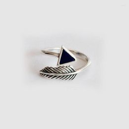 Cluster Rings 925 Sterling Silver Retro Crystal Triangle Feather Leaf Opening Ring Female Korean Fashion Flow High Quality Jewellery Wholesale