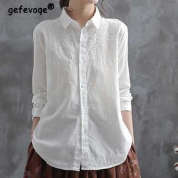 Women's Blouses Shirts Vintage Cotton White Embroidered Long Sleeve Tops Women Shirt 2022 New Lapel Buttons Casual Fashion Wild Blouse Female Clothes P230427