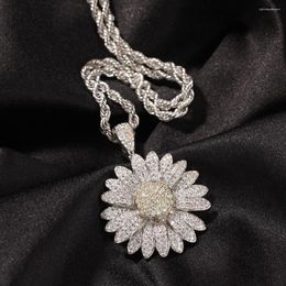 Pendant Necklaces Hip Hop Rotatable Sunflower Necklace Full Bling Zircon Real White Gold Plated Jewelry