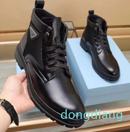 Men Monolith Ankle Boots Black Brushed Leather & Nylon Lace-up Technical Rubber Sole Booties Gentleman Combat Boot Gentleman Walking