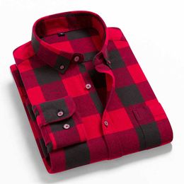 Men's Dress Shirts Quality Men Flannel brushed Plaid Shirt 100% Cotton Spring Autumn Casual Long Sleeve Shirts Soft Comfort Slim Fit Brand For Man P230427