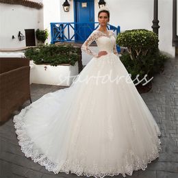 Vintage Ball Gown Lace Wedding Dress 2024 Court Train Long Sleeve Princess Bride Dress Sheer Neck Garden Country Bridal Gowns Robe De Mariage Laceful vestidos novia