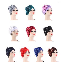 Ethnic Clothing Big Flower Muslim Women Indain Hat Scarf Caps Chemo Turban Islamic Head Cover Party Evening Bonnet Pleated Vintage Elegant