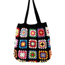 Bags Black Granny Square Handmade Crochet Bag Multicoloured Handbag Shoulder Tote Bag For Wommen DIY Kintting