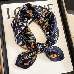 Scarves 53cm Women Pure Silk Scarf Square Neck Kerchief Bandana Female Floral Hairbands Luxury Small Real Silk Satin Scarves J230428