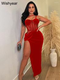 Casual Dresses Wishyear Sexy Mesh Velvet Side High Slit Backless Evening Gown Bodycon Maxi Dress Women Birthday Party Nightclub Wedding Robe