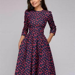 Casual Dresses Vintage pleated tunic print dress women Elegant ladies A line es Long sleeve female autumn mixi party vestidos 230427