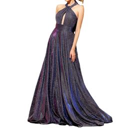 JEHETH Sexy Halter Glitter Backless Evening Dresses Pleated A-Line Prom Party Gowns with Pockets Floor Length robes