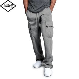 Men's Pants Autumn Winter Fleece Sweatpant Men's Casual Multi-pocket Loose Straight-leg Overalls Male Solid Colour Thick Casual Pants 231127