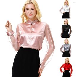 Women's Blouses Women Business Casual Long Sleeved Shirt Imitation Silk Mesh Sleeve Button Down Work Office Blouse Top