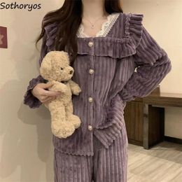 Women's Sleepwear Pyjama Sets Women Sleep Winter Comfort Thicken Flannel Chic Gentle Vintage French Ruffles V-neck Delicate Design Lace