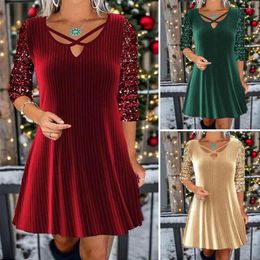 Casual Dresses Sequin Dress Vintage Prom Party Mini Shiny V-neck A-line With Soft Pullover Long Sleeves Hollow Out Detail Crossed