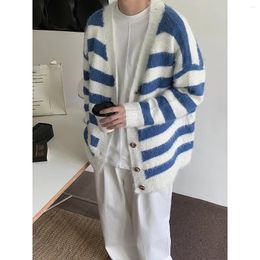 Men's Sweaters 2023 Winter Striped Printing Wool Sweater Loose Lazy Style Cardigan Fashion Trend Knitting Black/Blue Coats M-2XL