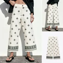 Women's Pants Casual Loose Embroidery Office Lady Linen High Waist Straight Pant Zipper Ladies Chic Trousers 2023 Summer