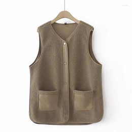 Women's Vests Warm Fleece Vest Women Buttons Up Pockets Patchwork Waistcoat Winter Casual Plus Size Sleeveless Female Thick Outerwear