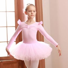 Dancewear Girl's Bowtie Lace Tulle Tutu Mesh Skirts Long Sleeve Ballet Dance Dress Kids leotard - Perfect for Practise Performance 231127
