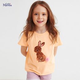 Tshirts Little maven Baby Girls Summer Tshirt Lovely Pink Rabbit Sequin Cotton Tops Soft and Comfort Casual Clothes for Kids 230427