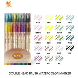 Pens Andstal 20pcs/Set Retro Watercolor Brush Marker Double-Head Water Color Highlighters Drawing Set For Kids Painting Art Supplies P230427