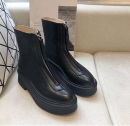 The row smooth Leather Ankle 22 Boots platform zipper slip-on round Toe block heels Flat Wedges booties RGYH High quality shoes