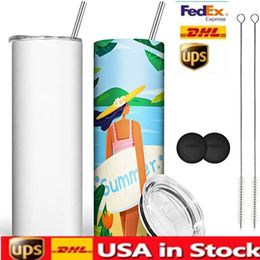 US CA STOCK 20oz DIY Sublimation Straight Tumbler Straw Blank 304 Stainless Steel Doubel Wall Thermos Cup with Lids Mug 4.23