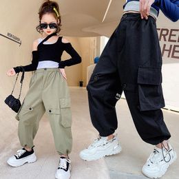 Trousers Girls Cargo Pants Spring Autumn Kids Teens Solid Colour High Waist Drawstring For Children's Clothing Casual Style 4-14Y