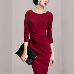 Casual Dresses 2023 High Quality Women O Neck Slim Bodycon Party Dress Chic Fashion Autumn Winter Red Draped Office Ladies Pencil Vestidos