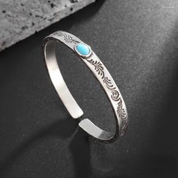 Bangle Fashion Simple Carved Pattern Bracelets For Men And Women Retro Punk Green Stone Alloy Open Boho Jewellery Accessories Gift