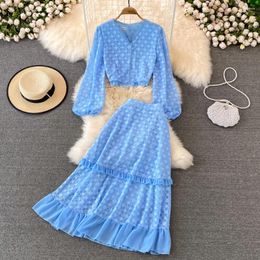 Work Dresses Fashion Suit Women's V-neck Bubble Sleeve Short Shirt Two-piece Set High Waist Ruffle Medium Long Lace Skirt