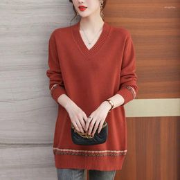 Women's Sweaters 2023 Autumn And Winter Minimalist Colour Matching Threaded V-neck Loose Casual Versatile Thin Stylish Base Knit Sweater