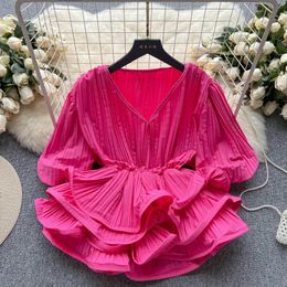 Women's Blouses Summer American Bubble Sleeves V-Neck Pleated Ruffled Edge Shirt Vintage Light Luxury High End Niche Design Sense Top