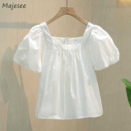 Women's Blouses Shirts Blouses Women Summer Trendy Korean Style New Simple Puff Sleeve Loose Sweet Folds Square Collar Casual Fashion Student Hot Sale P230427