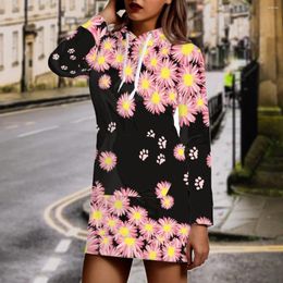 Women's Hoodies Pink Flower Dog Claw Pattern Hoodie Autumn Winter Cosy Fashion Casual Long Sleeve Streetwear Warm Soft Pullover Dress