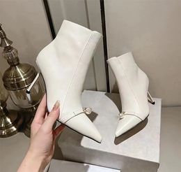 Short boots for women with a trendy pointed toe and versatile slim heels, designed with pearl decorations for comfortable women's fashionable wedding shoes