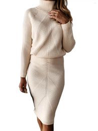 Men's Sweaters Autumn Women's Knitting Costume Turtleneck Solid Colour Pullover Sweater Slim Skirt Two-Piece Set