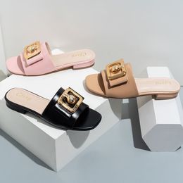 Sandals Explosive Square Head Metal Buckle Low Heel Women Cool Slippers Wear Fashionable Women's Shoes with Chunky Heels