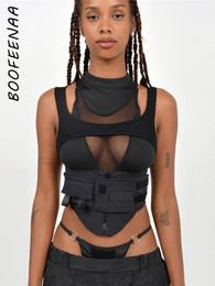 Tanks BOOFEENAA Street Fashion Sexy Black Cropped Tank Top See Through Mesh Patchwork Techwear Sleeveless Tshirts for Women C87EZ25