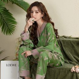 Women's Sleepwear Lisacmvpnel Ice Silk Pajamas Women's Spring And Autumn Fashion Printed Flowers Pajama Set Long Sleeve Home Suit Pyjamas 230428