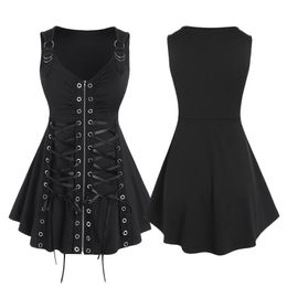 Tanks Women's Waistcoat Vest 50S Sleeveless Scoop Fix Bondage With Zipper Button Swing Hem Loose Flowly Punk Gothic Tops Bustier