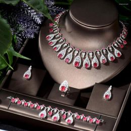 Necklace Earrings Set HIBRIDE Fashion High Quality 4pcs Women Bridal Wedding Jewelry Red Color Zirconia Water Drop And Earring N-997