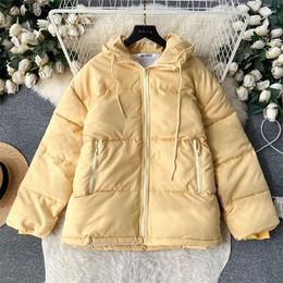 Women's Trench Coats 2023 Winter Women Korean Hooded Short Cotton-padded Jacket Yellow Blue Warm Parkas Loose Casual Long Sleeve Female