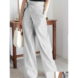 Pantaloni da donna Capris Autunno a righe Gamba larga Casual Vita alta Tasca con lacci Abito oversize per le donne Abbigliamento asimmetrico con consegna a goccia Dh7X9