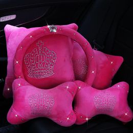 Interior Decorations Diamond Crown Pink Car Seat Belt Cover Pad Neck Pillow Waist Support Steering Wheel Accessories