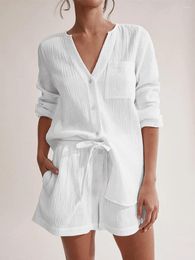 Women's Sleepwear Full Sleeve Linen Pyjama Set Solid Cotton Pocket Long Loose Loungewear Women Two Piece Nightwear Exquisite