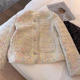 Women's Jackets Spring Autumn Colorful Thread Knitted Short Jacket Pearl Edge High Quality Coats Casaco Jaqueta Feminina