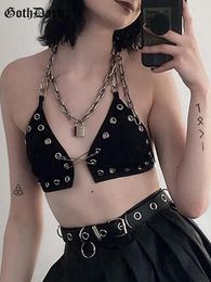 Camis Goth Dark Eyelet Mall Gothic Women Sexy Halter Tops Grunge Egirl Chain Strap Backless Camis Punk Black Pin Patchwork Crop Top